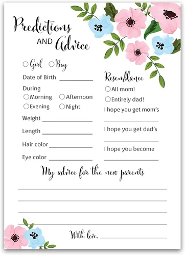 GENDER REVEAL Tarjetas de predicción y consejos – Paquete de 25 – Juegos de baby shower azules o rosas, nuevos padres, mamá y papá futuros, mensaje