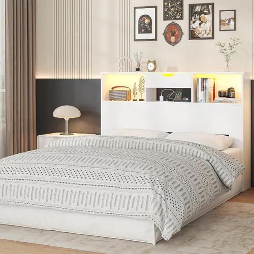 Miniatura 6 de Cabecero para cama tamaño Queen con estante de almacenamiento y cajones, cabeceros profundos de madera con estación de carga y luces LED, cabecera