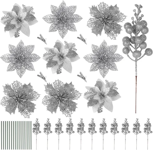 Miniatura 7 de RECUTMS 66 piezas 3 estilos de adornos rojos de Navidad, flores de Pascua brillantes de Poinsettia artificiales, adornos de árbol de Navidad, flores