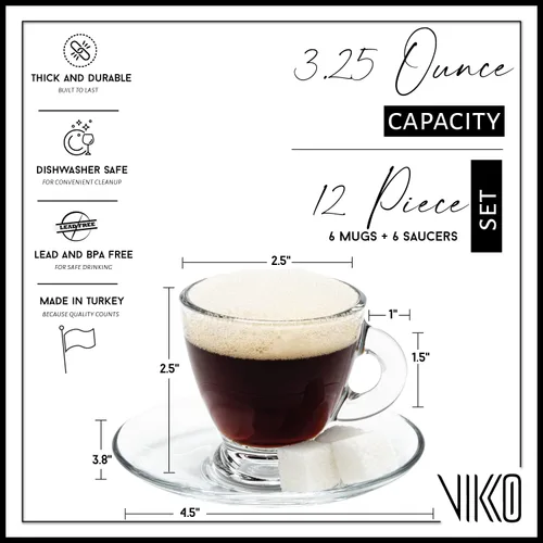 Miniatura 4 de Vikko Tazas de café de 3.25 onzas con platillo, juego de 6 tazas de café de vidrio transparente, duraderas y aptas para lavavajillas para café o té
