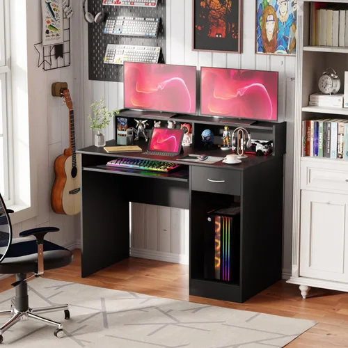 Miniatura 2 de PayLessHere Escritorio para computadora de 43 pulgadas con cajones y estantes de almacenamiento, escritorio de oficina moderno con organizador