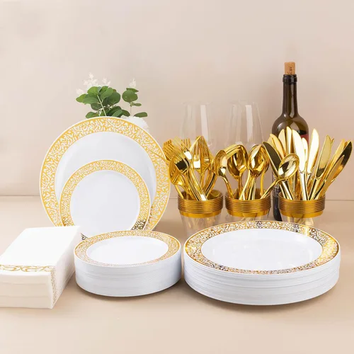 Miniatura 6 de Bestluck Juego de vajilla de plástico dorado de 700 piezas para 100 invitados, platos desechables para fiesta, incluye 100 platos de cena dorados