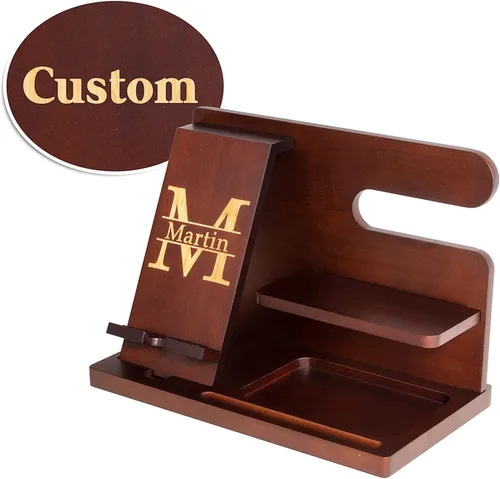 Miniatura 2 de Estación de acoplamiento de madera personalizada para teléfono, mesita de noche, soporte para cartera, organizador de relojes, accesorios