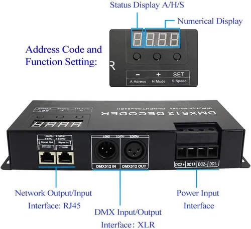 Miniatura 5 de AKEPO Decodificador de pantalla digital LED DMX 24CH, controlador de atenuación LED DMX512 para luz de tira RGB DC5-24V 3A/CH