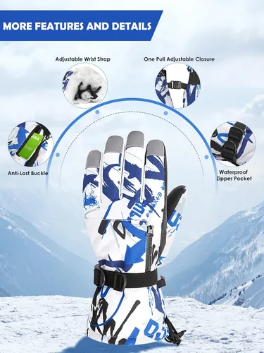 Miniatura 3 de Azue Guantes de invierno para mujer, guantes de nieve para niños y niñas, guantes de esquí con bolsillo con cremallera, resistentes al viento