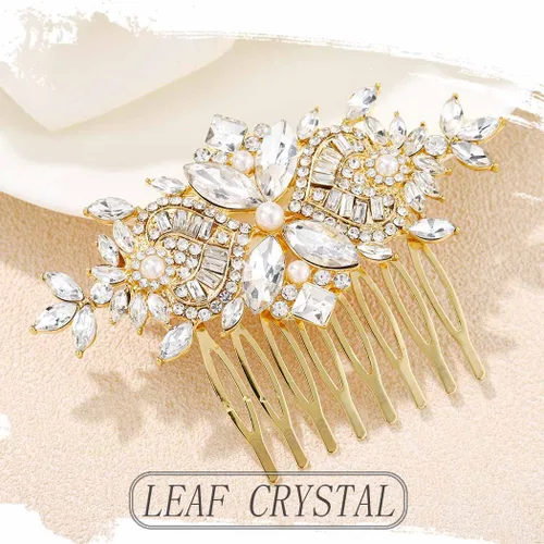 Miniatura 4 de Foyte Peine de pelo de novia de cristal, tocados de novia con flores plateadas, piezas de pelo de hoja con diamantes de imitación, peines laterales