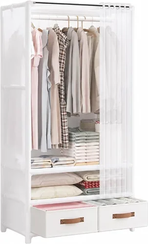 Miniatura 14 de Armario portátil para colgar ropa, armario de estilo japonés, perchero con 1 varillas para colgar, 2 estantes de almacenamiento, 27.5 pulgadas