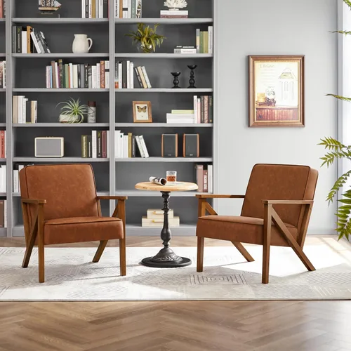 Miniatura 4 de Yaheetech Silla Decorativa, Sillón con Estructura de Madera Resistente, Silla de Estar Moderna y Retro de Piel Sintética para Sala de Marrón claro