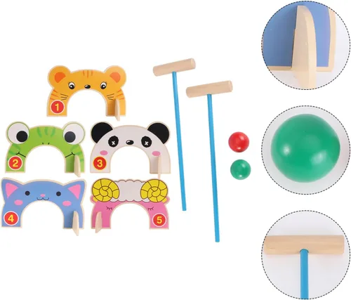 Miniatura 8 de TOYANDONA Juego de croquet para niños, juego de croquet de animales de madera de dibujos animados con mazos de madera de croquet, juego familiar