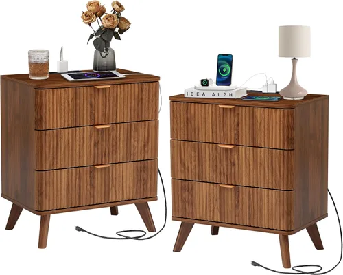 Miniatura 10 de Mesita de noche Mid-Century con estación de carga, mesita de noche acanalada con cajones, mesa auxiliar contemporánea de 3 cajones con armario