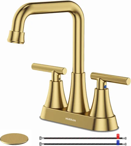 Grifo para Lavabo de Baño, Hurran 4 Pulgadas Dorado Cepillado Grifos de Baño para Lavabo 3 Agujeros con Desagüe Pop-up y Mangueras de Suministro,