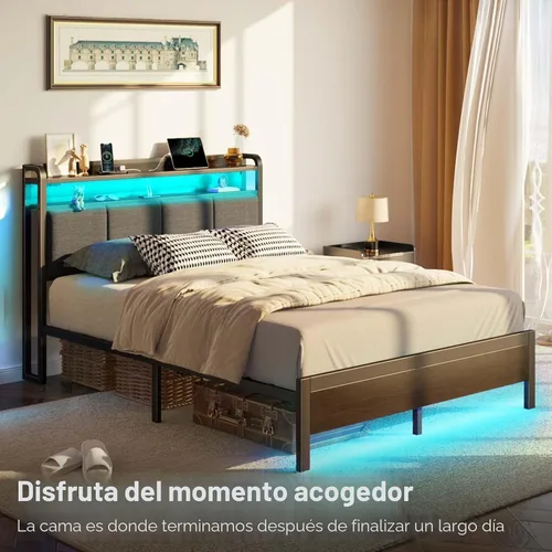 Miniatura 7 de Rolanstar Armazón de cama tamaño completo con estación de carga y luces LED, cabecera tapizada con estantes de almacenamiento, listones de metal