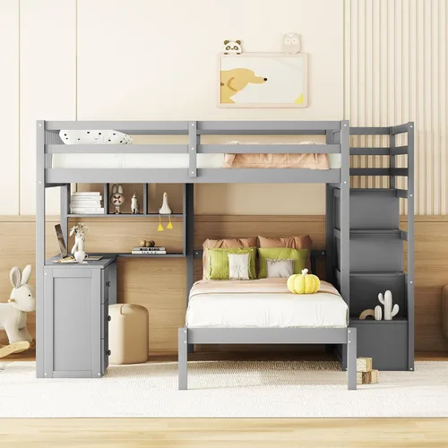 Miniatura 3 de RUNNA Litera matrimonial sobre individual con escritorio, cajones y escaleras, litera de madera maciza para niños, niñas, adolescentes y adultos