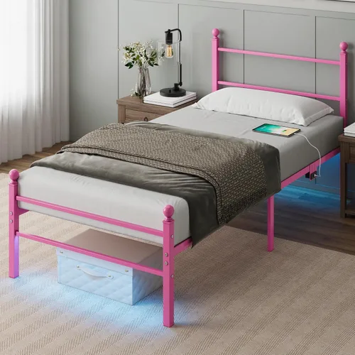 Miniatura 14 de Base de cama tamaño Queen con cabecero, plataforma de metal con luces LED, estación de carga, almacenamiento debajo de la cama y soporte de listones