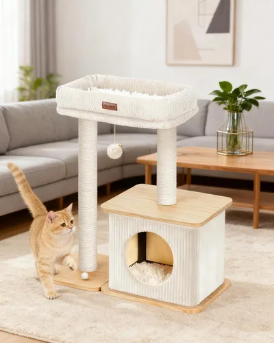 Miniatura 7 de Moderno árbol para gatos de interior, estilo nórdico loft, torre de madera para gatos con postes rascadores de sisal, camas acolchadas suaves