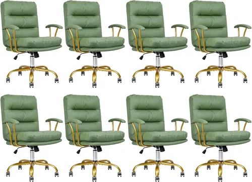 Miniatura 10 de KLASIKA Silla de escritorio de cuero para oficina en casa, silla de tocador de respaldo medio, silla de maquillaje con ruedas doradas y reposabrazos