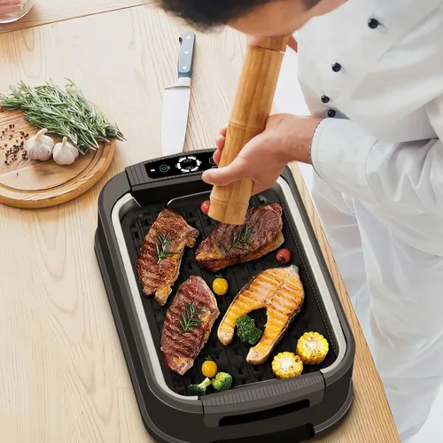 Miniatura 7 de Parrilla sin humo para interiores, Techwood parrilla eléctrica para interiores de 1500W con tapa de vidrio templado, BBQ coreana portátil