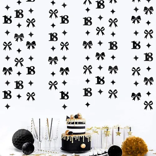 Miniatura 7 de Decoración de cumpleaños número 18 en negro, número 18 con punto circular, guirnalda de estrellas centelleantes, banderines de serpentina metálica