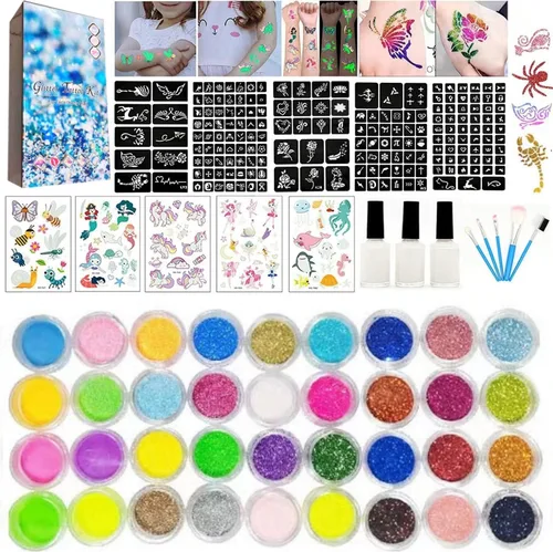 Miniatura 5 de Kit de tatuajes temporales con purpurina para niños, 24 purpurina corporal, 2 pegamento, 5 pinceles, 187 plantillas, kit de maquillaje de Halloween