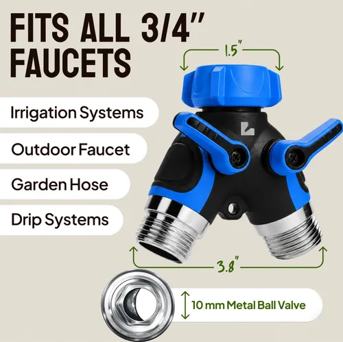 Miniatura 6 de LIME 2 Way Hose Splitter Heavy Duty - Metal Y Garden Hose Splitter with Shutoff Valves, Brass Outdoor Faucet Adapter for Spigot, 3/4 Inch GHT Water