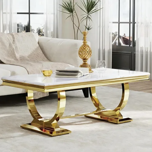 Miniatura 7 de Asday Mesa de centro dorada y blanca, mesa de centro rectangular de mármol dorado, mesa central elegante de lujo para sala de estar, pasillo