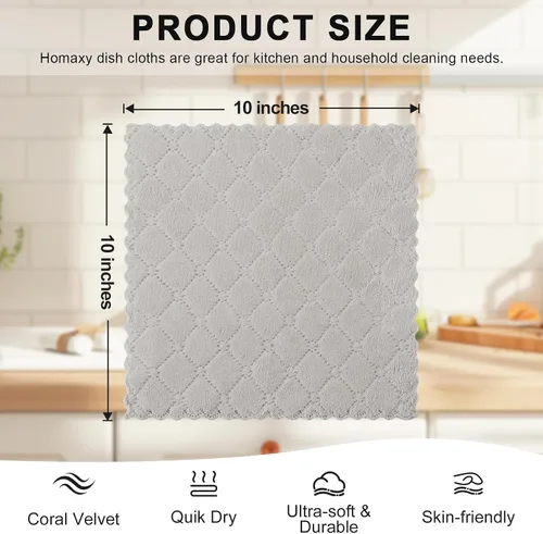 Miniatura 6 de Homaxy Paquete de 12 paños de cocina (10 x 10 pulgadas, gris), paños de cocina de terciopelo coral súper suaves y absorbentes, paños de limpieza