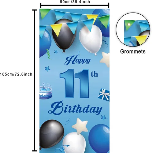 Miniatura 2 de Cartel azul de feliz cumpleaños número 11, globos de fondo de estrellas, confeti y saludos a los 11 años, decoración temática de puerta, porche