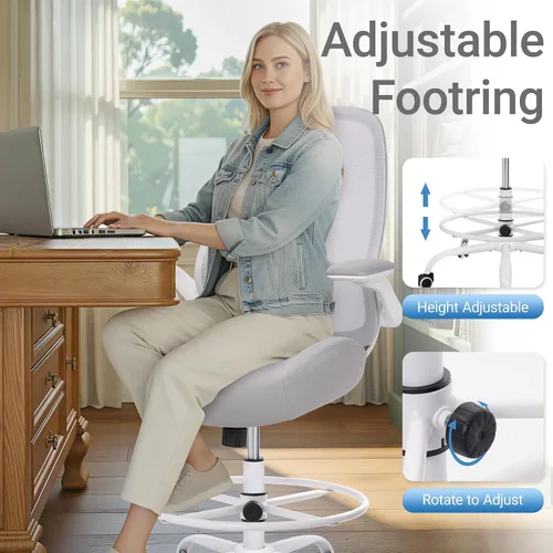 Miniatura 8 de HYLONE Silla de dibujo alta de oficina con reposabrazos abatibles, silla ergonómica para computadora con soporte lumbar, reposapiés ajustable, Gris