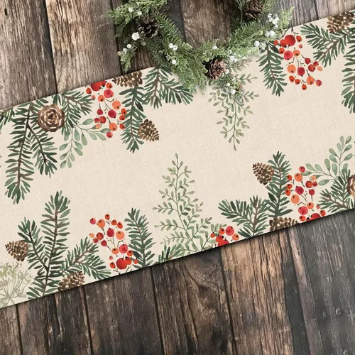 Miniatura 3 de Seliem Camino de Mesa de Rama de Aguja de Piña de Pino de Invierno con Bayas, Bufanda de Mesa Botánica de Acuarela, Decoración de Plantas para Hogar
