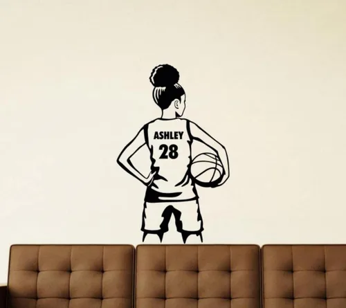 Miniatura 2 de Calcomanía de vinilo personalizada de baloncesto para niña, nombre y número personalizados, arte de pared de jugador de baloncesto, etiqueta