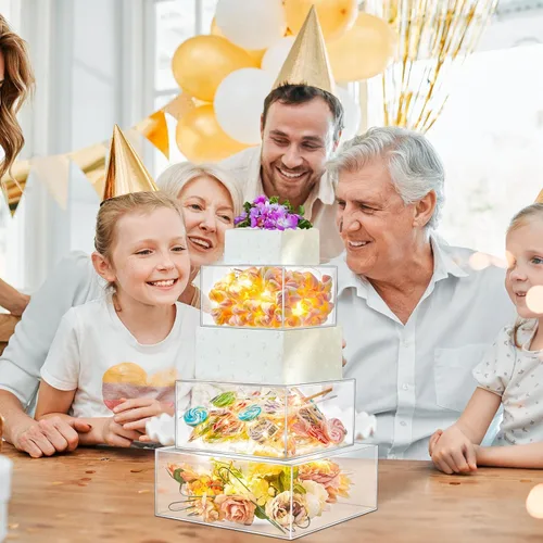Miniatura 7 de Sintuff 3 soportes cuadrados de acrílico para tartas, 3 niveles, transparente, rellenable, con cadena de luces LED, soporte para cupcakes con tapa