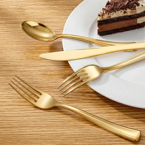 Miniatura 3 de Liacere 200 tenedores de plástico dorados, pesados, tenedores resistentes de 7.4 pulgadas, cubiertos de plástico dorado perfectos para fiestas