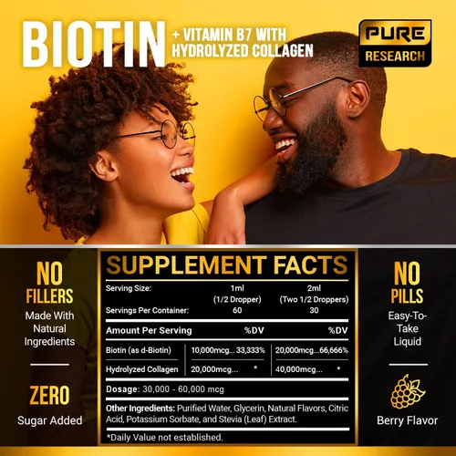 Miniatura 4 de Gotas líquidas de biotina y colágeno para el crecimiento del cabello, 60,000mcg - Suplemento de biotina y colágeno líquido para hombres y mujeres