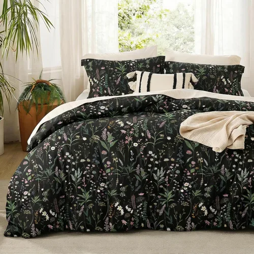 Nayoroom Funda de edredón floral negra, tamaño Queen, funda de edredón de flores botánicas de primavera, 3 piezas, suave, ligera, juego de ropa de