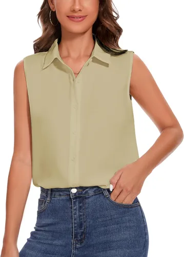 YAMANMAN Camisa sin mangas con botones para mujer, blusa clásica con cuello redondo, camiseta básica de gasa para el trabajo y la oficina