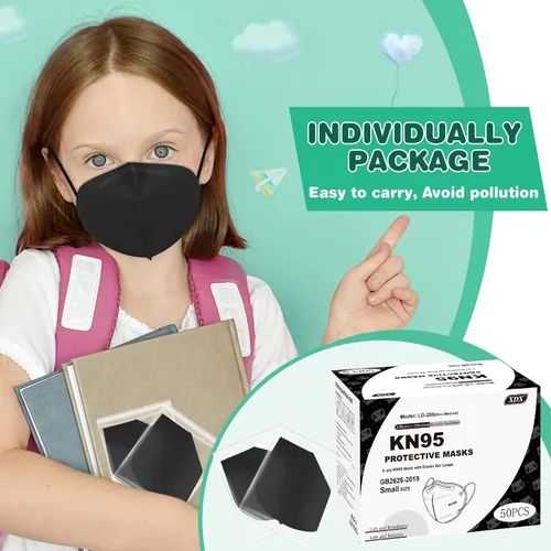 Miniatura 3 de XDX Mascarillas KN95 para niños, paquete de 50 mascarillas desechables negras envueltas individualmente, mascarillas KN95 de 5 capas para niños
