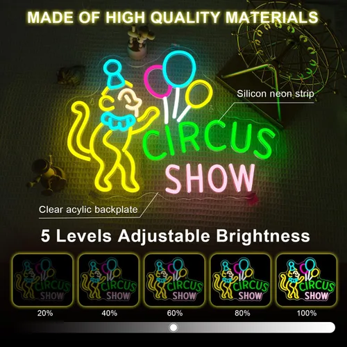 Miniatura 5 de Lucunstar Letrero de Neón LED de Mono Letrero de Circo LED con Payaso y Globos para Parque Temático Decoración de Carnaval LED para Restaurante