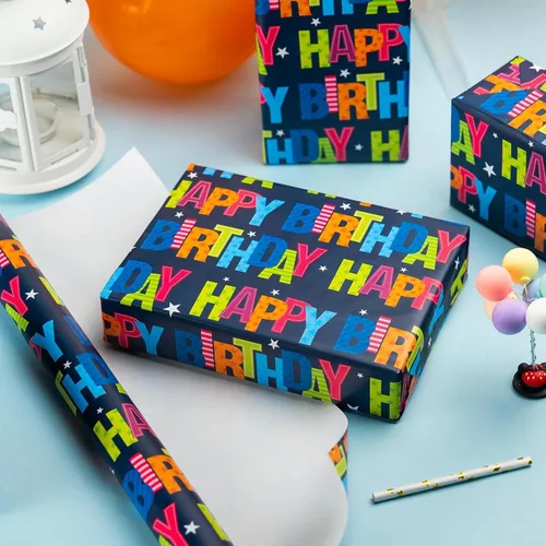 Miniatura 6 de Garbendy Papel de regalo de cumpleaños – Mini rollo – 17 pulgadas x 16.5 pies – Coloridas letras felices en papel azul papel de regalo perfecto