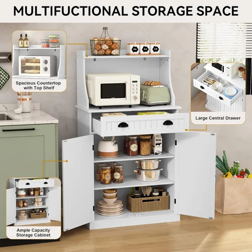 Miniatura 3 de ARTPOWER - Gabinete/Soporte de microondas de cocina de 54" con almacenamiento y cajones, armario de almacenamiento de despensa con alacena y Blanco