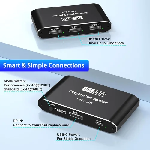 Miniatura 7 de Displayport Splitter 1 en 3 salidas, 8K @60Hz, 4K @120Hz, Resolución DP 1.4 DisplayPort Switcher Box, soporte DSC, conmutador de puerto de pantalla