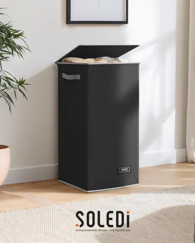 Miniatura 9 de SOLEDI Cesta de lavandería negra con tapa y bolsa extraíble, cesta de lavandería grande y alta de 100 litros, plegable con asa para almacenamiento