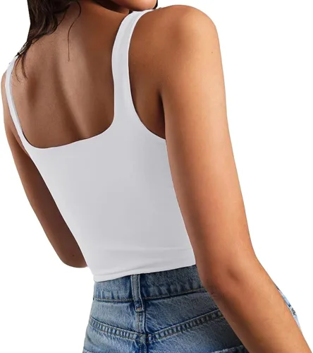 Miniatura 2 de Artfish - Camiseta corta casual y básica con tirantes delgados y cuello cuadrado, sin mangas, de doble capa, ombliguera para entrenamiento