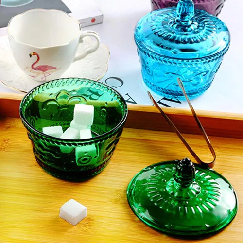 Miniatura 2 de Frasco de vidrio europeo retro nostálgico tridimensional con relieve de color, frasco para caramelos, frasco para condimentos con tapa