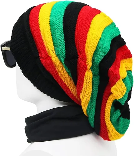Miniatura 6 de Gorra unisex de Jamaica Reggae Rasta Slinky Beanie Multicolor a rayas Slouchy Baggie Beanie Skullies Gorro Rasta Hat, Negro