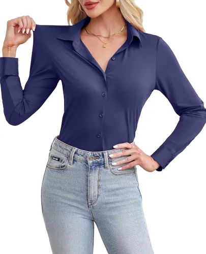 Miniatura 10 de siliteelon Camisa de manga larga con botones para mujer, estilo casual, para el trabajo, con elástico en 4 direcciones, sin arrugas