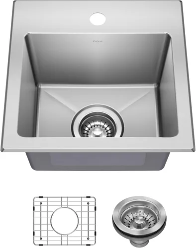 KRAUS Fairlane KHT631-15 - Fregadero de cocina o bar, 15 pulgadas, montaje directo/superior, cuenco individual, de acero inoxidable de calibre 18