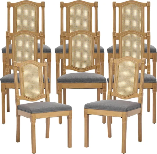Miniatura 82 de Juego de 2 sillas de comedor de campo francés, sillas de comedor de madera de granja beige, silla de comedor con respaldo tejido con cojín tapizado