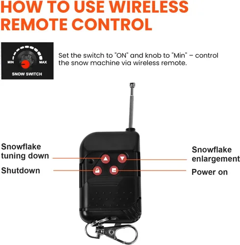 Miniatura 8 de UPGREY Máquina de nieve de 1500W para interiores y exteriores, máquina de nieve falsa para fiestas con control remoto y asa