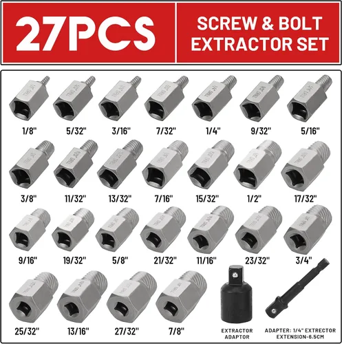 Miniatura 2 de Juego de 27 extractores de tornillos de cabeza hexagonal multi-estriado de fácil extracción, juego de extractor de pernos de 3/8 pulgadas
