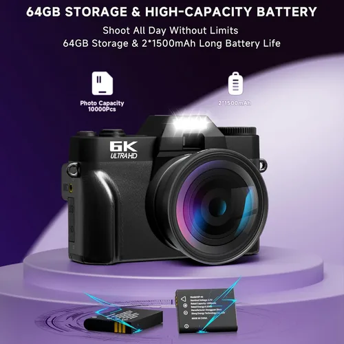 Miniatura 7 de Cámara digital 6K para fotografía con enfoque automático, cámara de videoblogs WiFi de 64 megapíxeles para YouTube con pantalla giratoria de 3" Negro